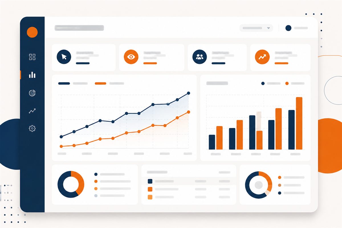 Schematische Grafik eines Werbe-Kampagnen-Dashboards in Navy- und Orange-Farbwelt