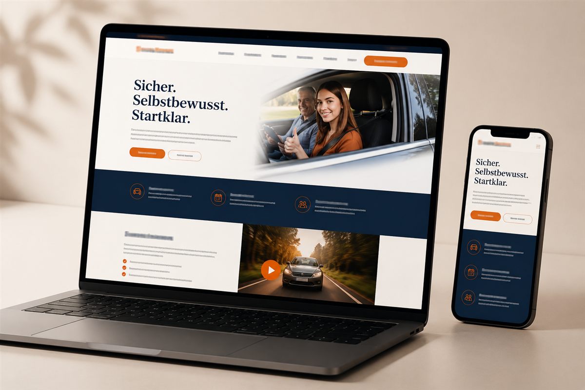Mockup einer Fahrschul-Website auf Laptop und Smartphone in Navy- und Orange-Farbwelt
