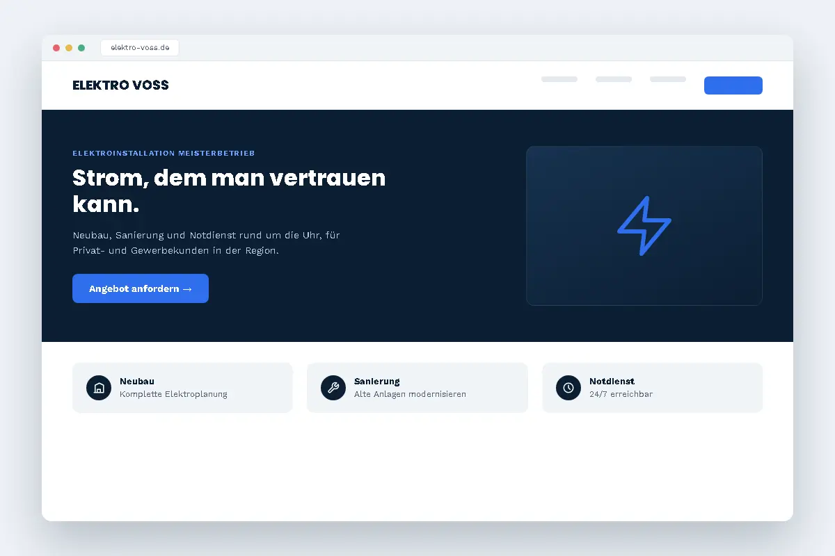Beispiel einer Handwerker-Website für einen Elektrobetrieb in Navy- und Blau-Farbwelt